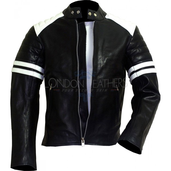 FIGHT CLUB Black & White Leather Biker Jacket